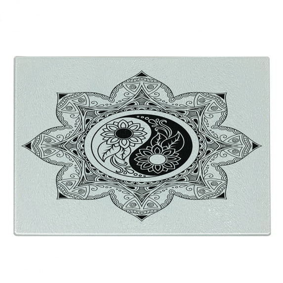 Ying Yang Cutting Board, Boho Ying Yang in a Flower Hippie Design Floral Mandala Pattern, Decorative Tempered Glass Cutting and Serving Board, Small Size, Black and White, by Ambesonne