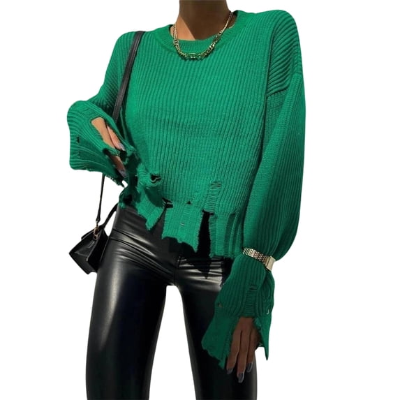 Liacowi Women Juniors Knitted Sweater Long Sleeve Ripped Pullover Punk Jumpers Tops Fall Loose Knitwear for Teen