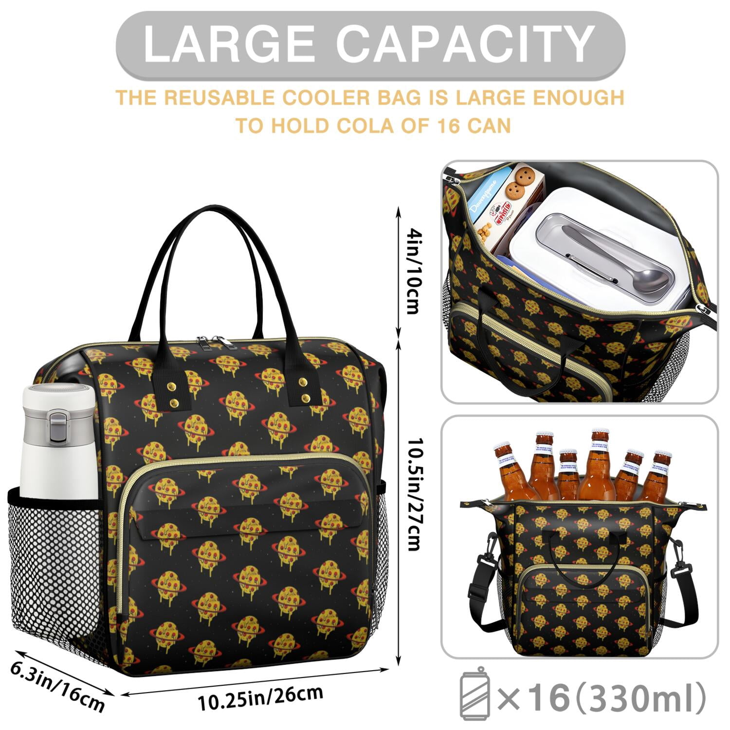 Pizza & Food Storage Insulated Tote - Large Leakproof Cooler Bag for Delicious Lunches & Outdoor Adventures - Waterproof Thermal Bag with Multi-Pocket Design