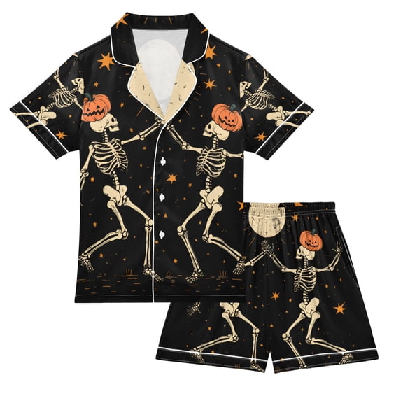 FORMRS Kids Short Sleeve Top and Pants Pajama Set Unisex Satin 2-Piece Sleepwear, Sizes 5-6Y, Black Halloween Dancing