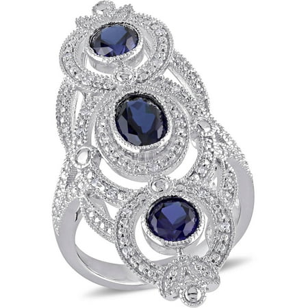 Tangelo 2-2/5 Carat T.G.W. Created Blue Sapphire and 1/10 T.W. Diamond Sterling Silver Three-Stone Halo Ring
