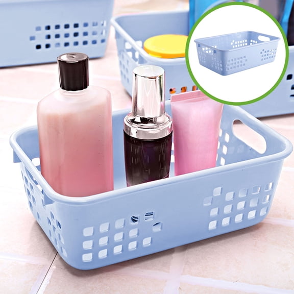 Small Plastic Desktop Storage Basket | Stackable Organizer Box with Handles | European Blue | 8.5x5.5x2.95 Inches | Multipurpose Home Organization for Bathroom Kitchen Office