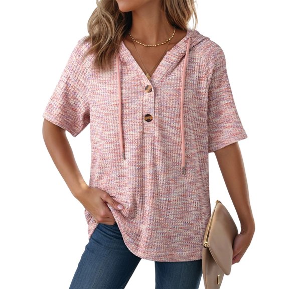 UDAUDU Womens Summer Tops 2026 Short Sleeve Button V Neck Waffle Knit Lightweight Drawstring Hoodies Spring Fashion Casual Blouses Shirts Pink 2XL