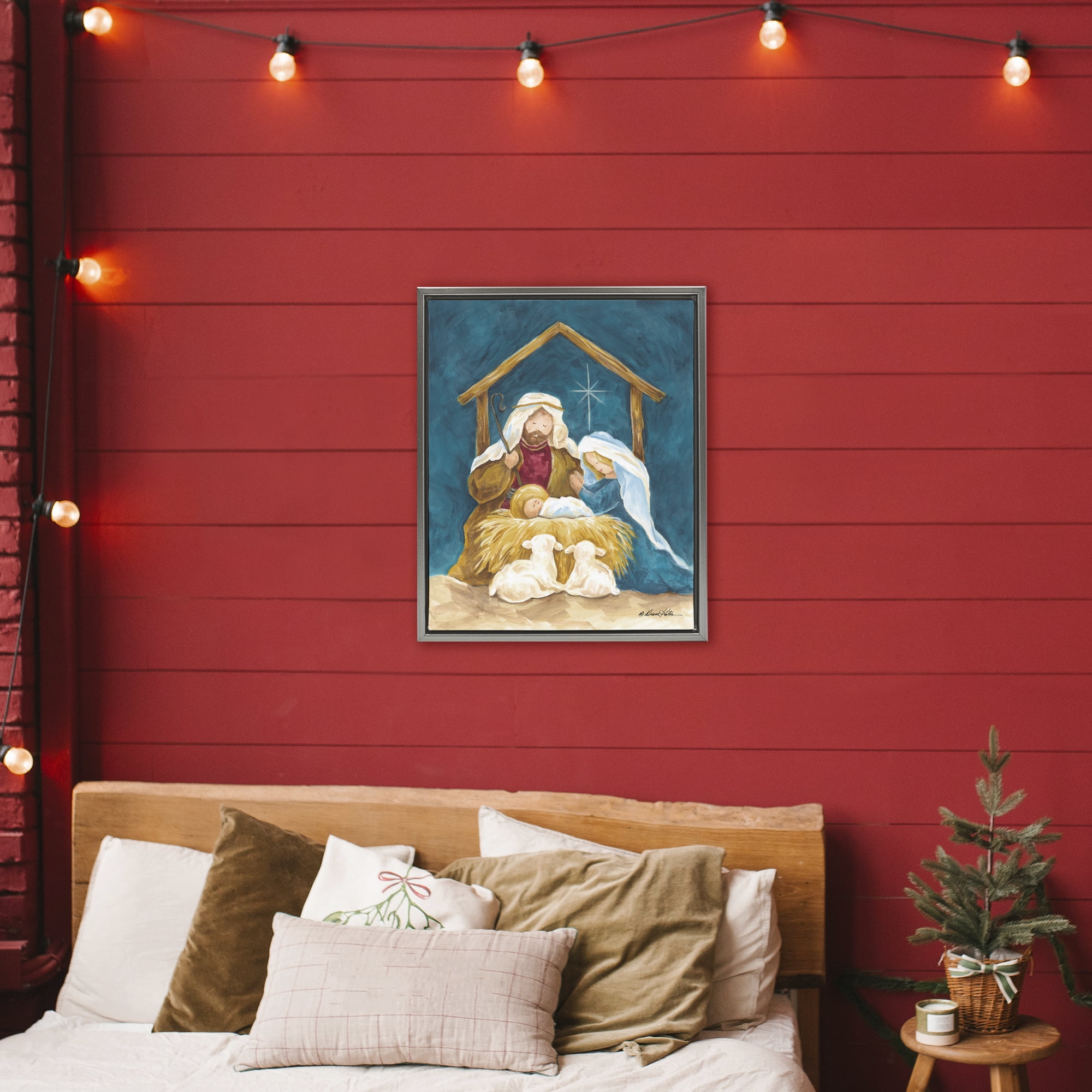 Comforting Nativity Painting Gray Framed Floater Canvas Wall Art, design by Diane Kater