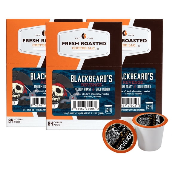 Fresh Roasted Coffee, Blackbeard's Revenge Coffee Pods, Medium Roast, K-cup Compatible, 72 Count