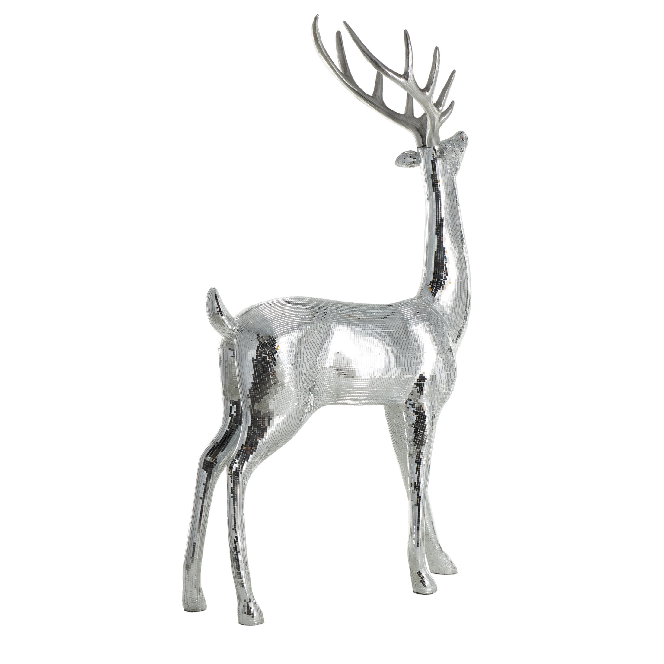31" x 56" Silver Fiberglass Floor Reindeer Christmas Sculpture with Mosaic Pattern, by DecMode