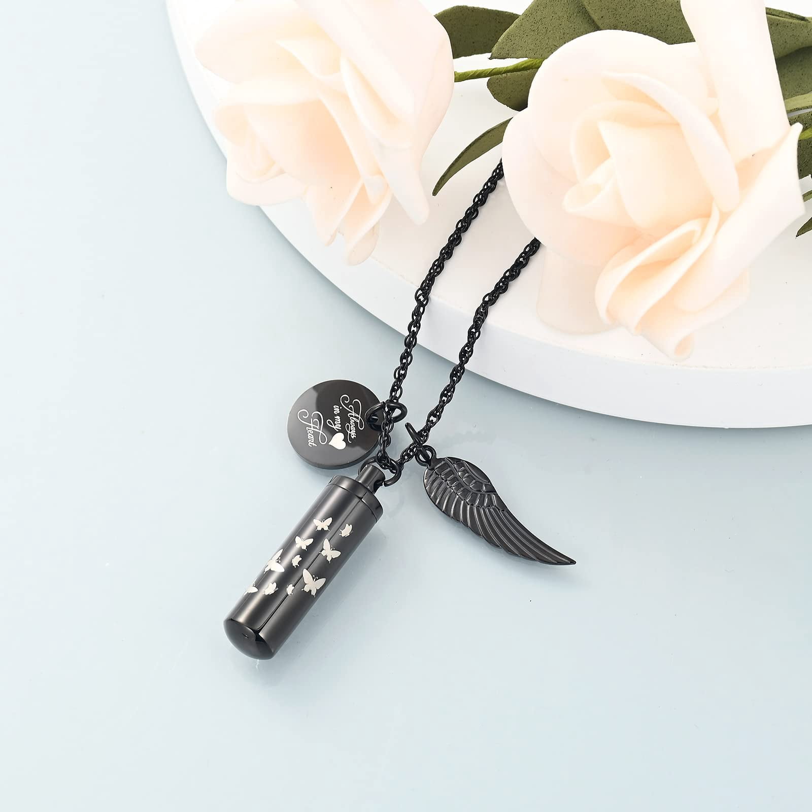 Personalize Cylinder Urn Ashes Necklace for Women Men Butterfly Cremation Jewelry Ash Loved One Memorial Angel Wing Pendant