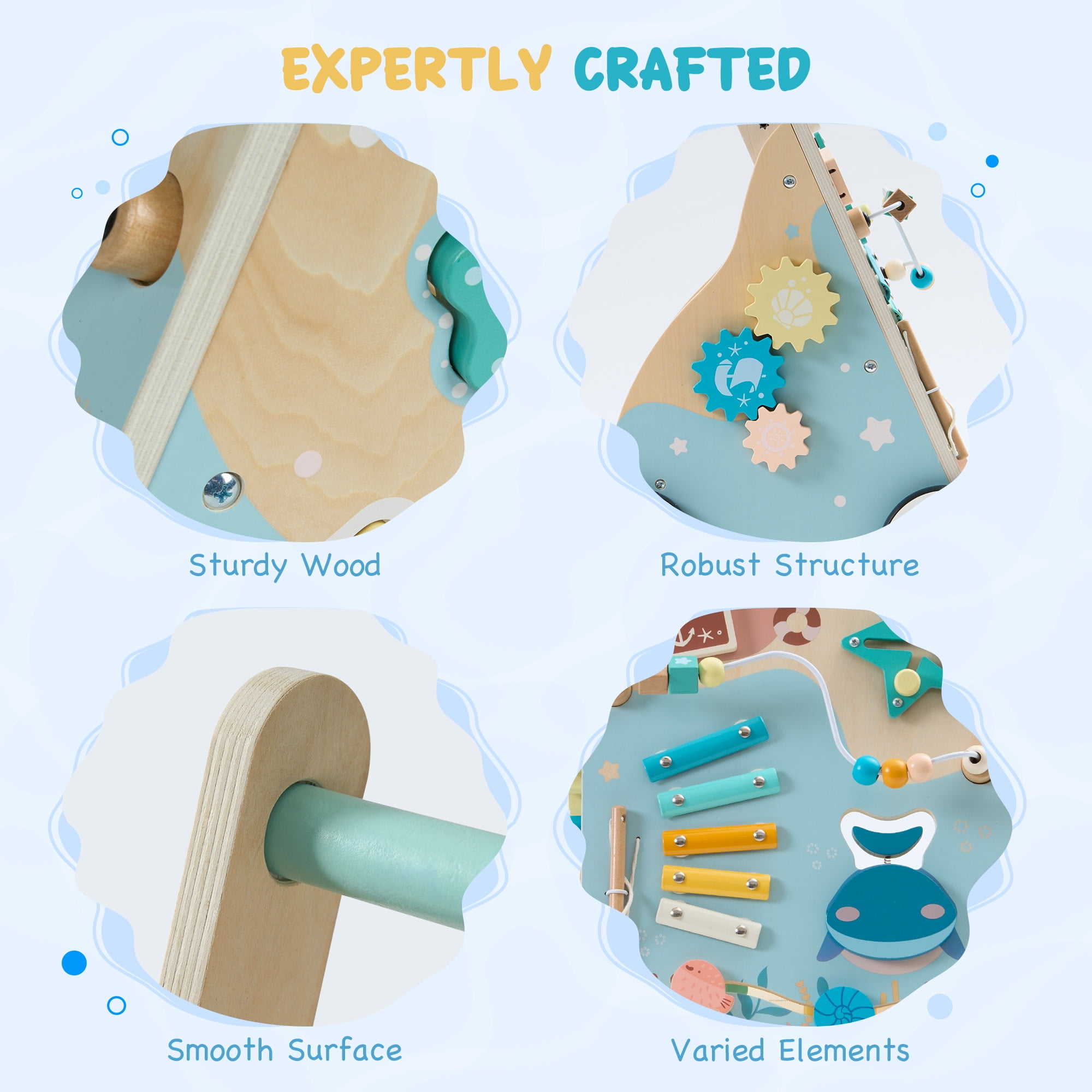 Robud Wooden Baby Push Walker, Ocean-Themed Wooden Baby Walker with Wheels, Sit-to-Stand Activity Center, Push Toy for Toddlers, for Boys and Girls