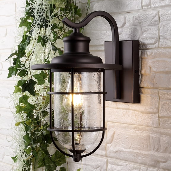 JONATHAN Y Westfield 10.5" 1-Light Iron/Seeded Glass Rustic Industrial Cage LED Outdoor Sconce, Oil Rubbed Bronze