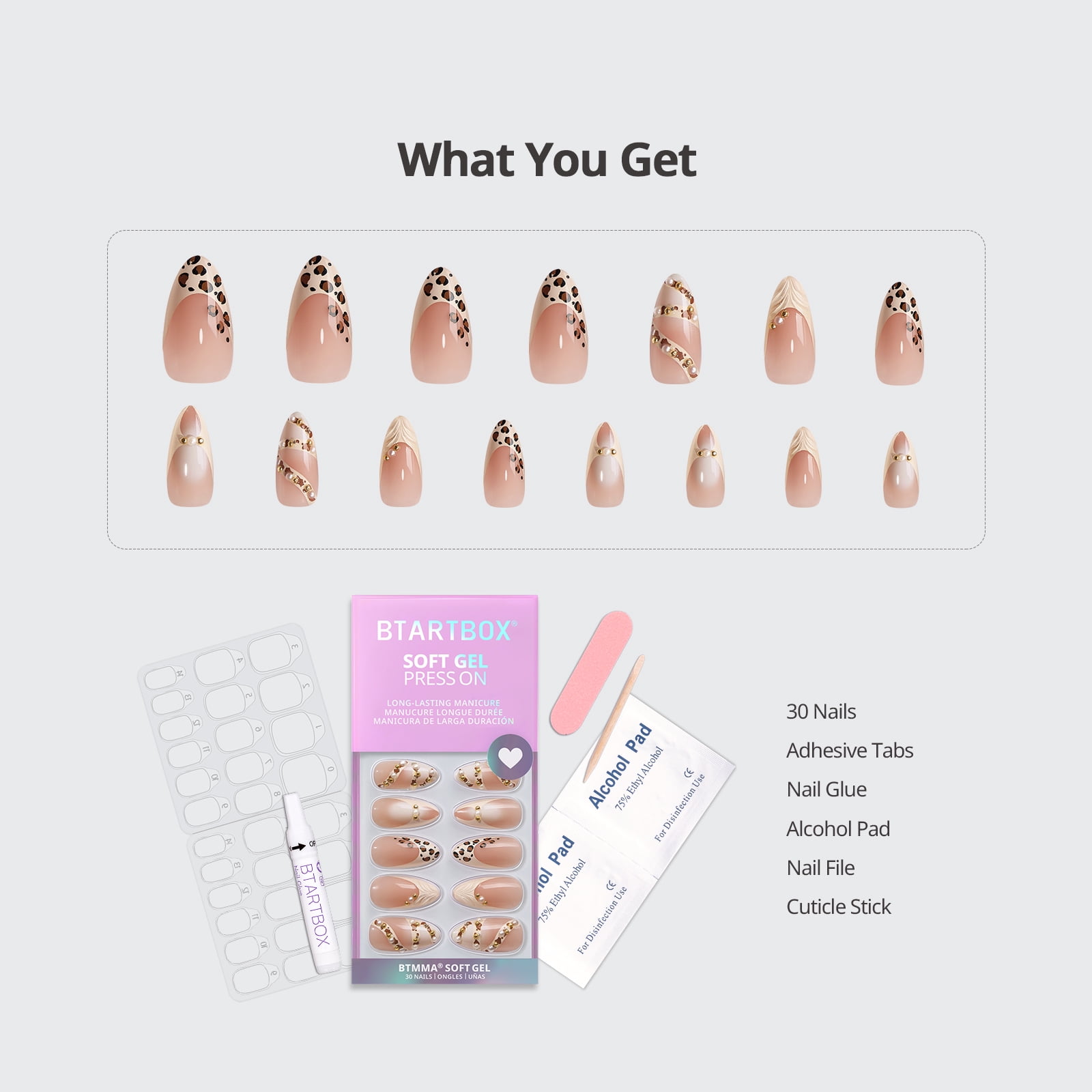 BTArtbox Press On Nails - Cheeky Duo, Medium Almond, 2-Week Wear, Easy-to-Apply, 30 Count All-in-One Kit