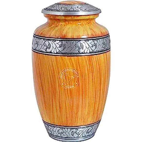 Floral Silver Engraved Cremation Urn for Human Ashes Adult - Handcrafted Funeral Memorial Ashes Urn - Large Columbarium Urn - Bag Included - 200 Cubic Inches (Teak Yellow)