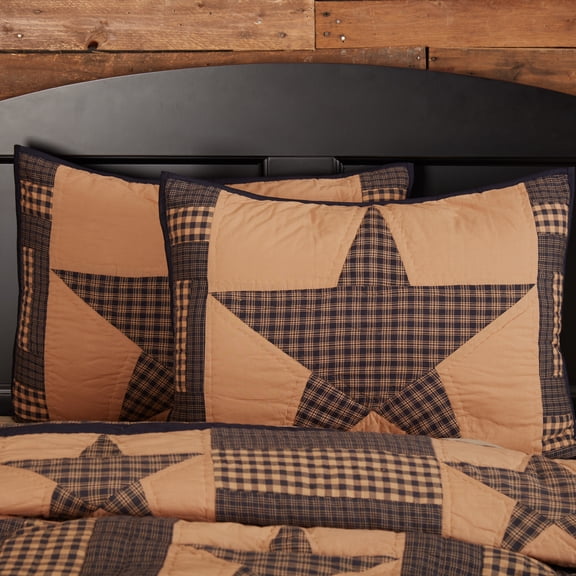 VHC Brands Teton Star Standard Sham 21x27 Country Patchwork Design, Navy and Tan