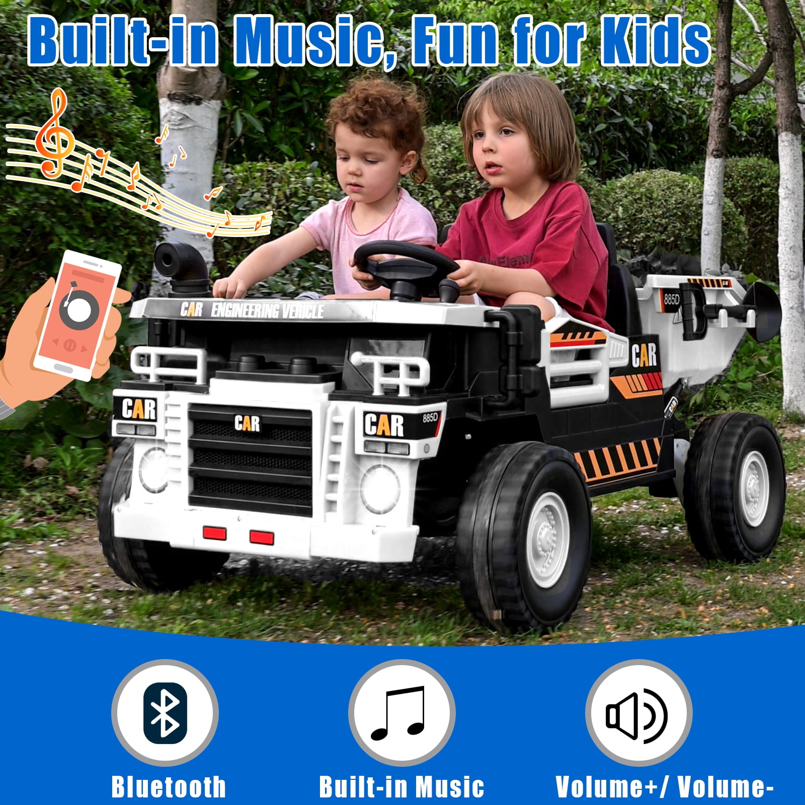 FINITO 12V 10Ah Ride on Toy for Toddlers, Powerful 4 Wheels Electric Dump Truck, 2 Seater Kids Ride on Car w/Parent Remote Control, White