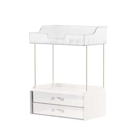 Ouxumoll 2-Tier Makeup Organizer with 2 Drawers, Clear Desktop Cosmetic Storage Rack for Vanity, Skincare Holder, 15.7in