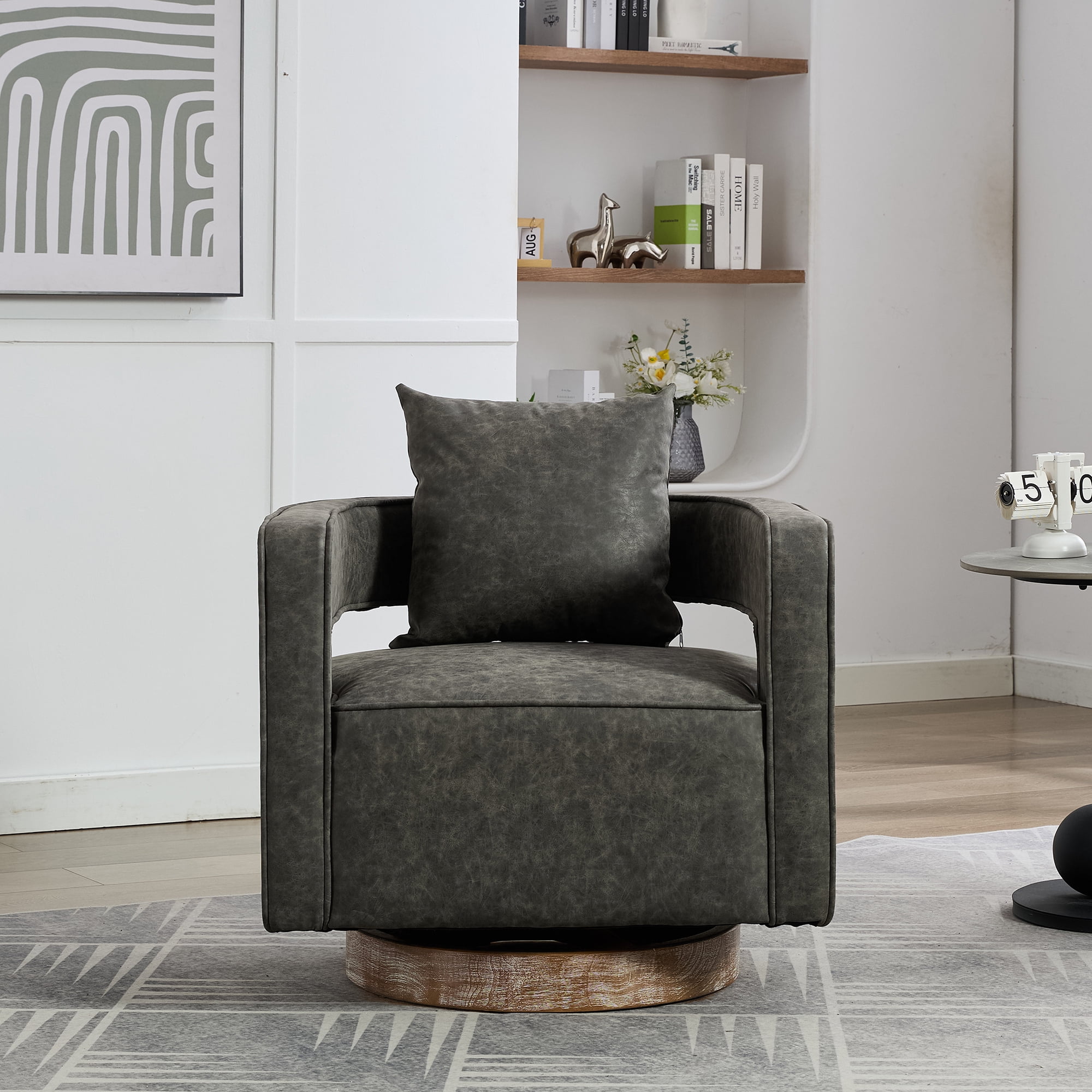 Leumius Swivel Accent Chair with Open Back,Modern Single Sofa Chair With Weathered Base for Nursery Bedroom Living Room Hotel Office, Club Chair Leisure Arm Chair for Lounge,Gray PU
