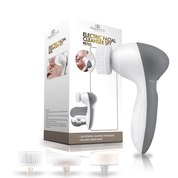 Project E Beauty Electric Facial Cleanser Set | 3 Exfoliating Brush Heads | 360° Rotation | Travel Cleansing Brush Set with 3 Brush Heads