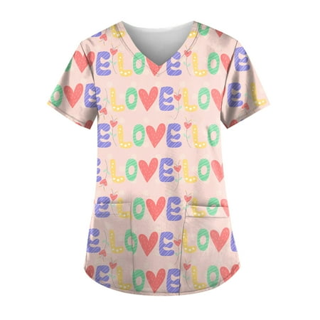 

QWERTYU Graphic Scrubs Top for Women Professionals Short Sleeve T Shirt Working Holiday Uniform Pockets Casual Nursing Scrubs Watermelon Red 4XL