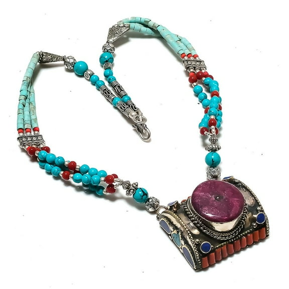 Natural Turquoise, Coral Gemstone 925 Sterling Silver Jewelry Necklace 18"