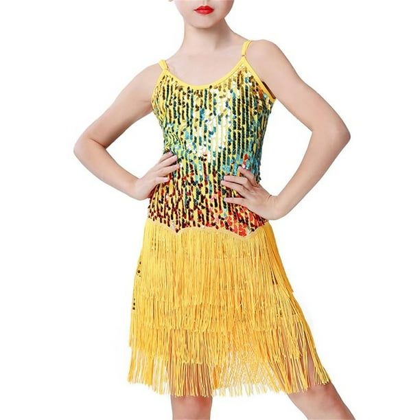 Odeerbi Vestido de Baile Latino Con Lentejuelas Para Niña Rendimiento En Escena Trajes de Verano Vestido de Algodón Con Flecos Vestido Sin Mangas Con Camisola Traje de Baile Con Borlas