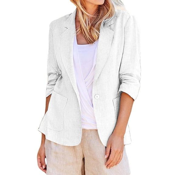 LEKODE Womens Casual Blazers Open Front Long Sleeve Notch Lape Dressy Casual with Pockets Linen Tops for Women Stretch Slim Fit Chaquetas De Mujer Elegantes Womens Blazer White S