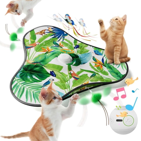 Hide and Seek Interactive Cat Toy 3 Modes Adjustable Rehcargeable Indoor Moving Concealed Wand Cat Toy for Home Green Color Plant Bird Pattern