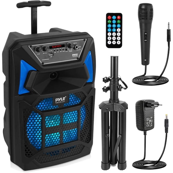 Pyle PPHP82SM - PA Speaker & Microphone System - Portable Karaoke Speaker with Wired Mic, Built-in LED Party Lights, Speaker Stand (8’’ Subwoofer, 400 Watt MAX)