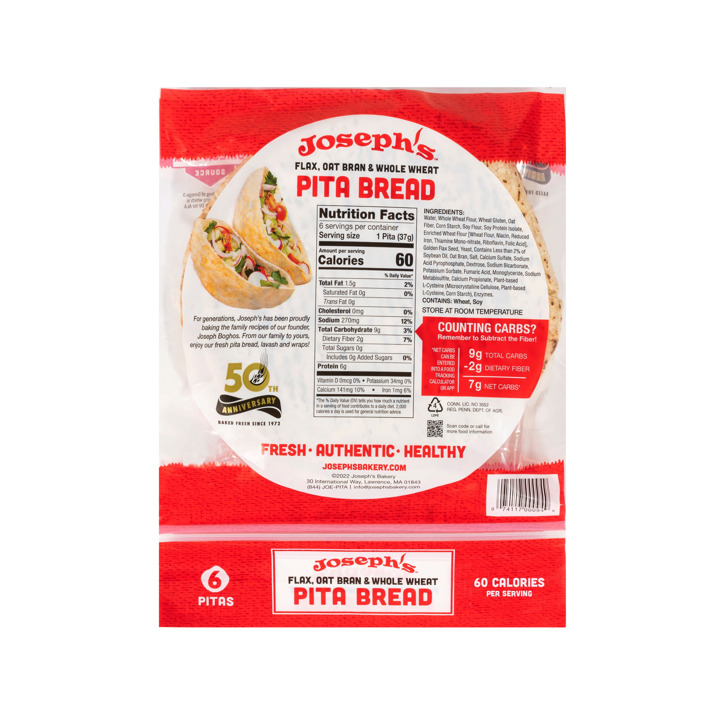 Joseph’s Low Net Carb Flax Pita Bread, 1 Pack, 6 Count