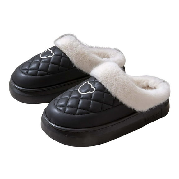 Xfvqtps Mens and Womens Fuzzy Slippers Slip on Leather Uppers Plush Edge Cute Bear Thickened Thick Bottom Non Slip Outdoor and Indoor Warm Winter Cozy Plush Slippers Black