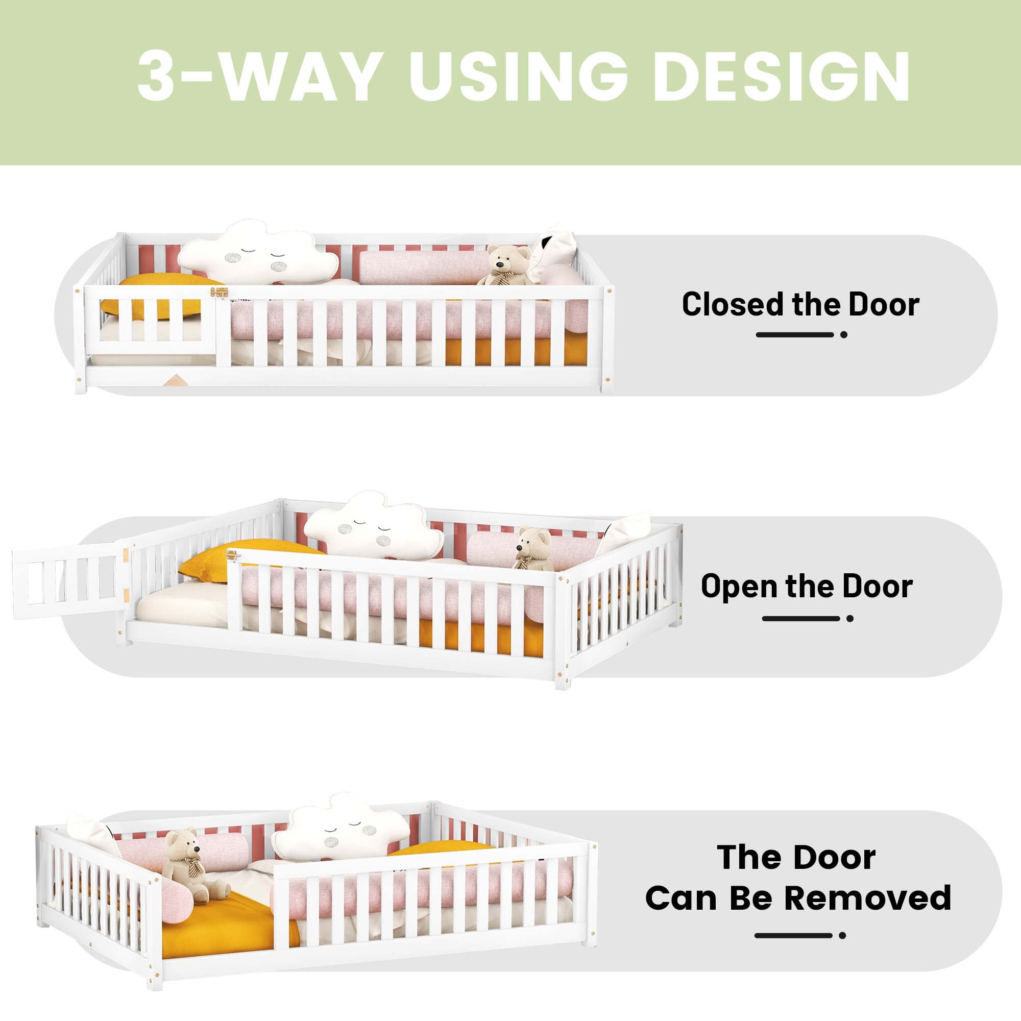DEALTOPS Full Size Floor Bed with Safety Guardrails and Door Montessori Wood Bed Frame for Kids, White