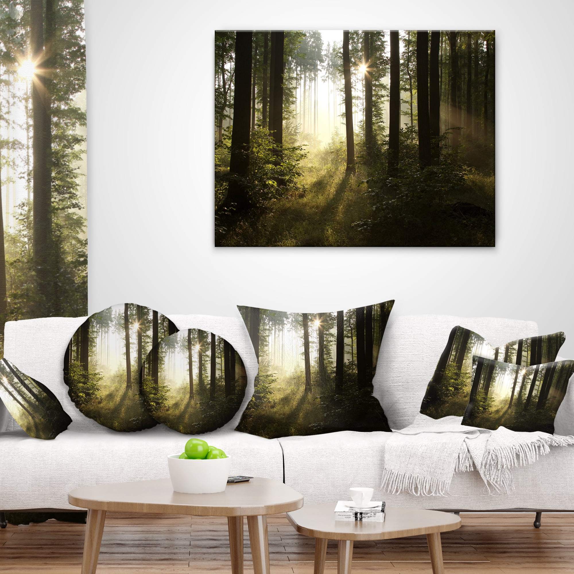 Designart Early Morning Sun in Misty Forest - Landscape Photography Throw Pillow - 16x16