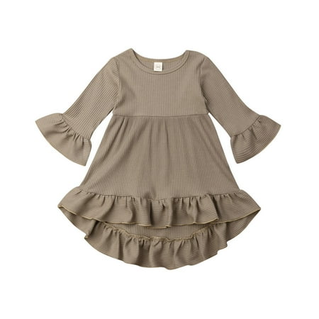 

One opening Baby Dress Solid Color Round Neck Ruffle Irregular Hem Dress