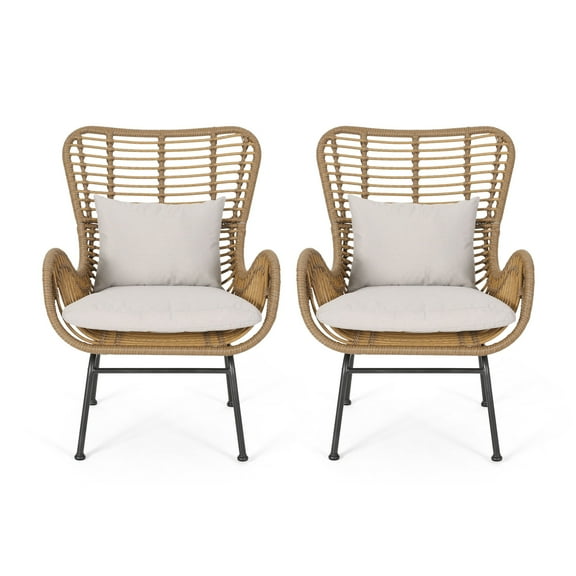 Margo Outdoor Accent Chair, Brown Woven Rattan, Beige, Black Metal