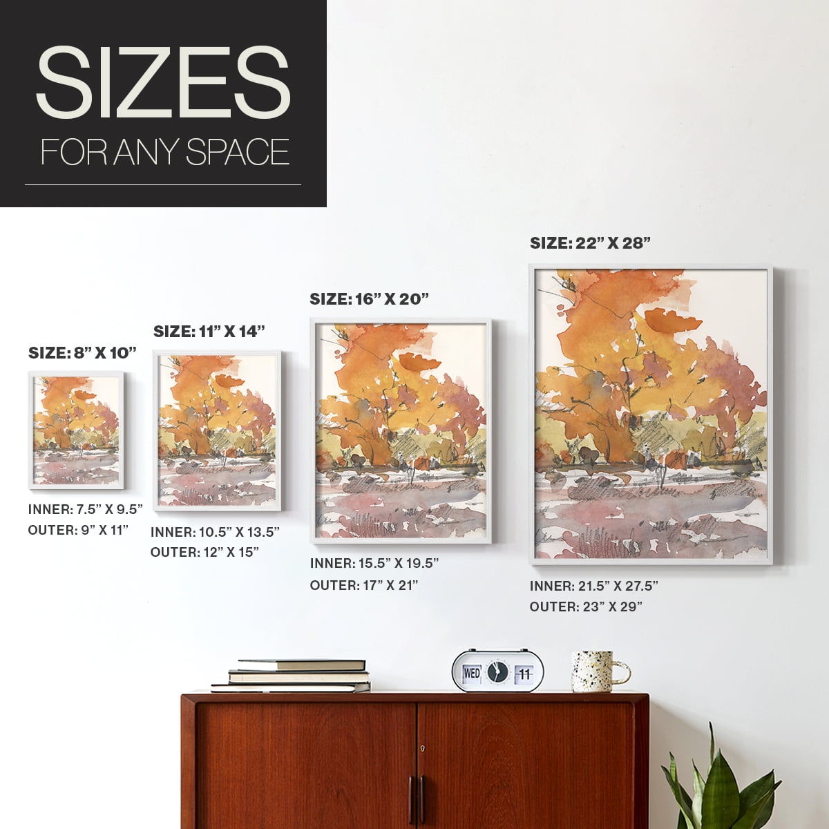 Watercolor Treeline Sketch II Framed Print in White Solid Wood 8 x 10 Framed Print