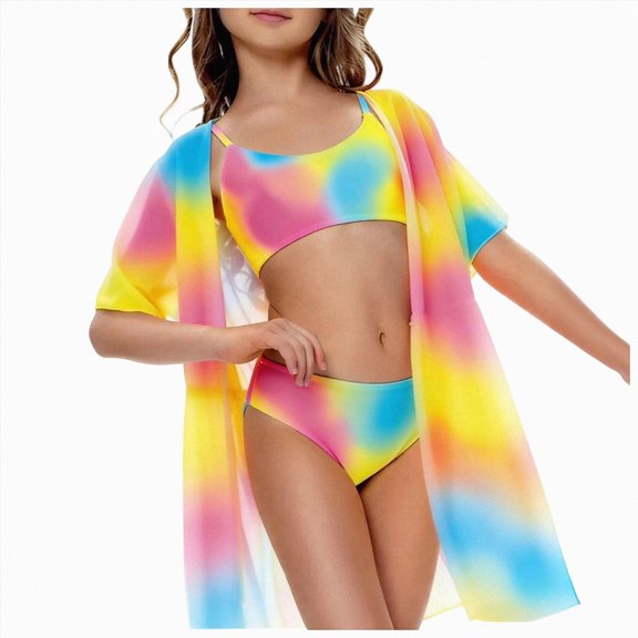 Ymyiu Infant Bathing Suit Girl Girl's 3 Piece Swimsuits High Waisted Bikini Bathing Suit with Mesh Coverups Skirt Size 10-11 Years (Hot Pink,10-11 Years)