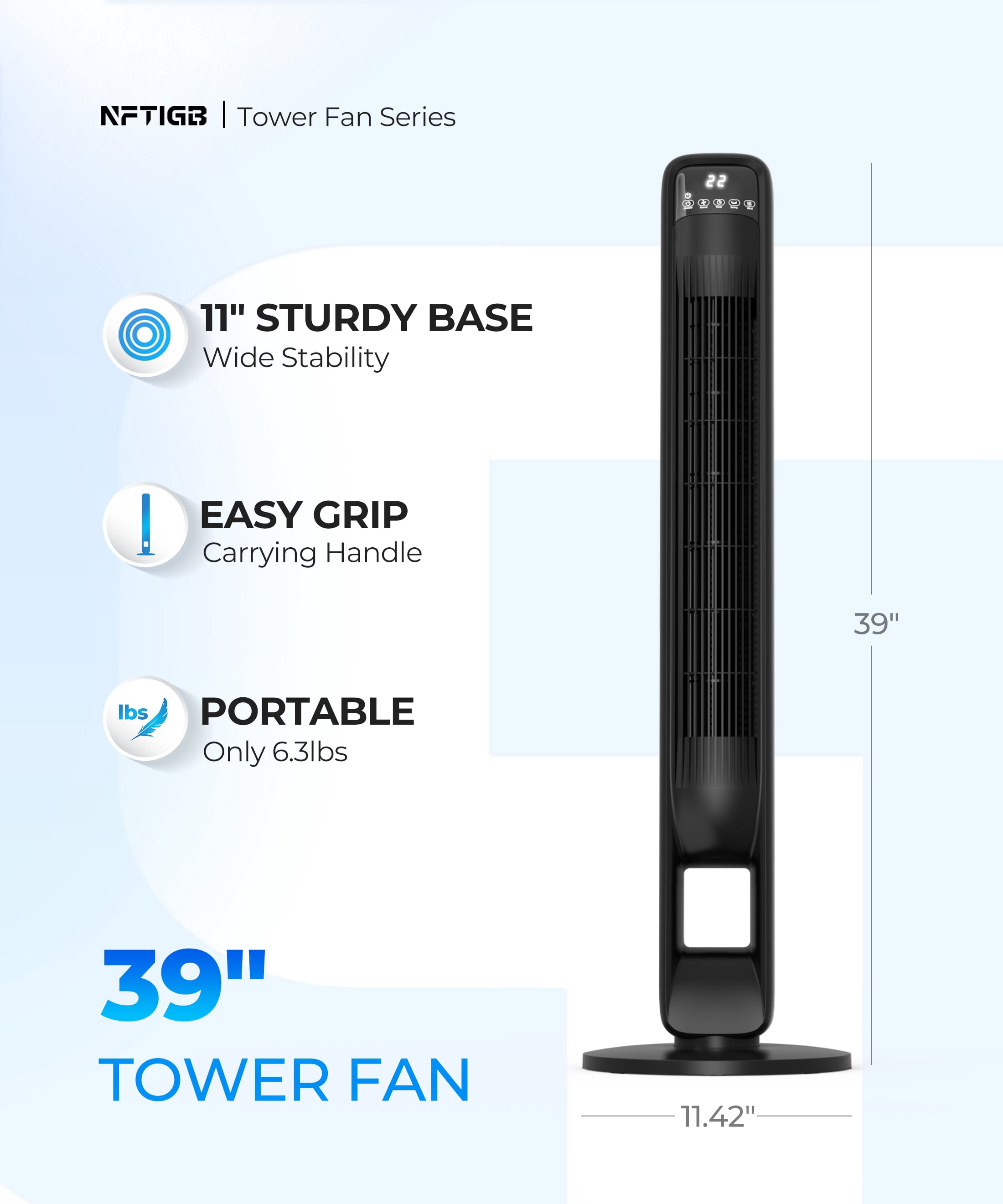 NFTIGB 39 inch Tower Fan for Large Room, Oscillating Bladeless Standing Floor Fan Home, 3 Speeds 3 Modes with Remote,New