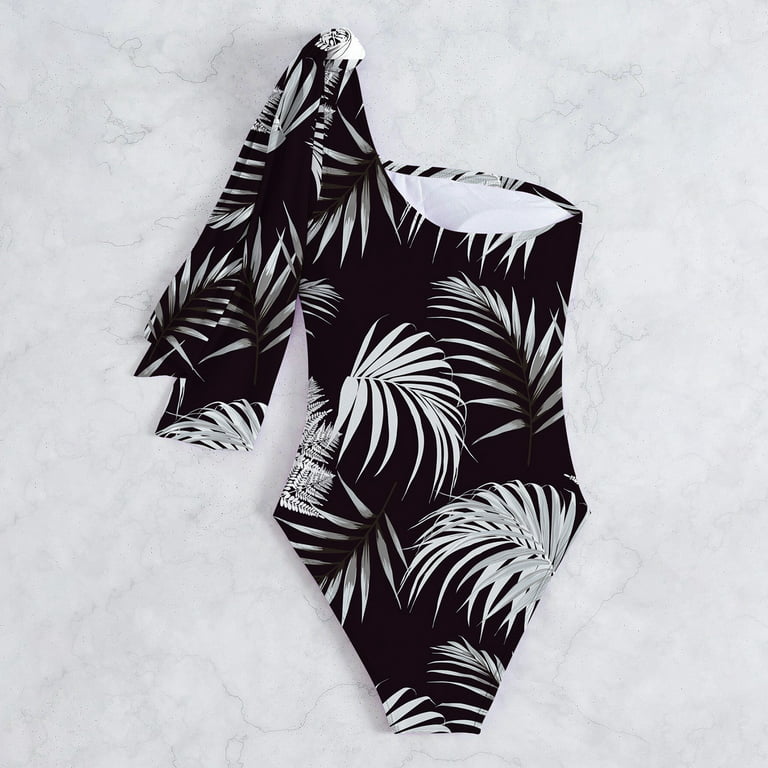 WEAIXIMIUNG Plus Size Swim Top with Built In Bra Women's Summer 1 Shoulder  Strap Strap Retro Print Backless Swimsuit Black XL 