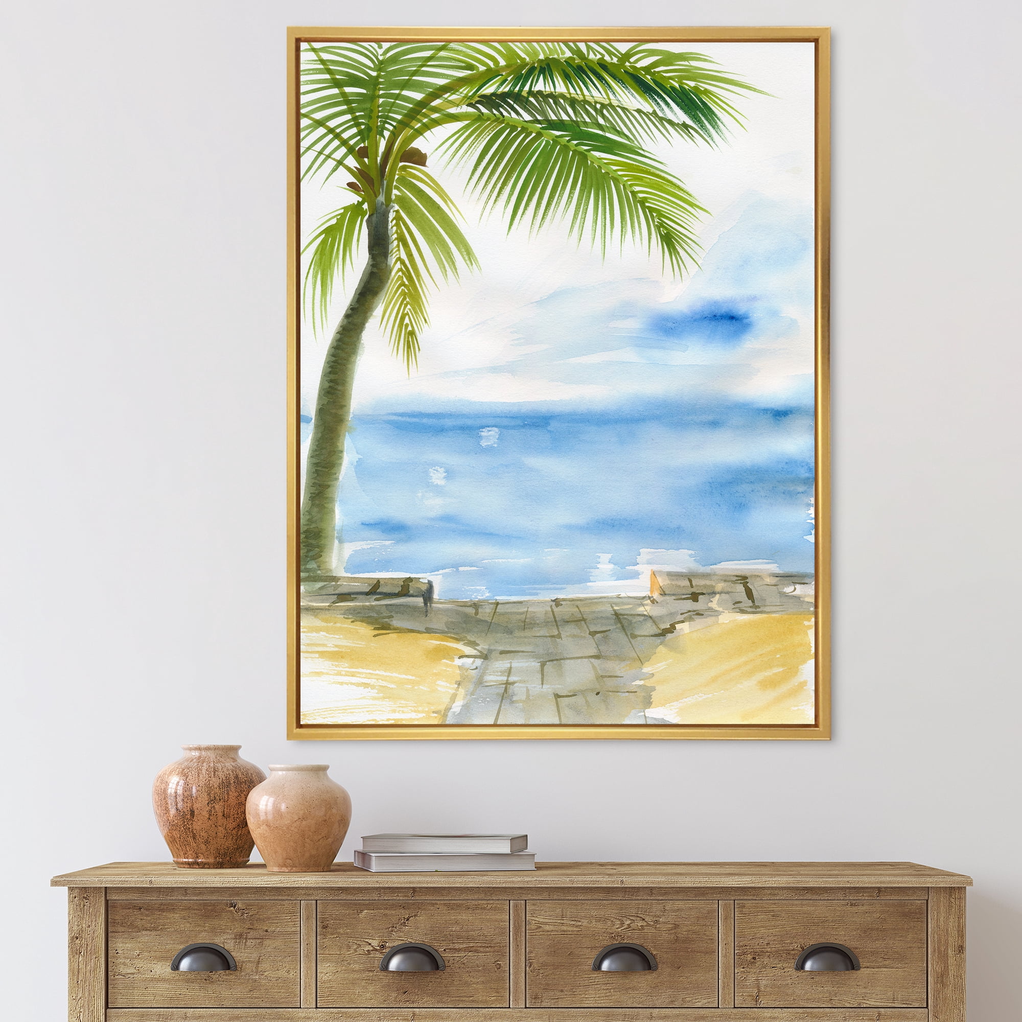 Designart 'Palm Beach Resort At Sunrise II' Nautical & Coastal Framed Canvas Wall Art Print