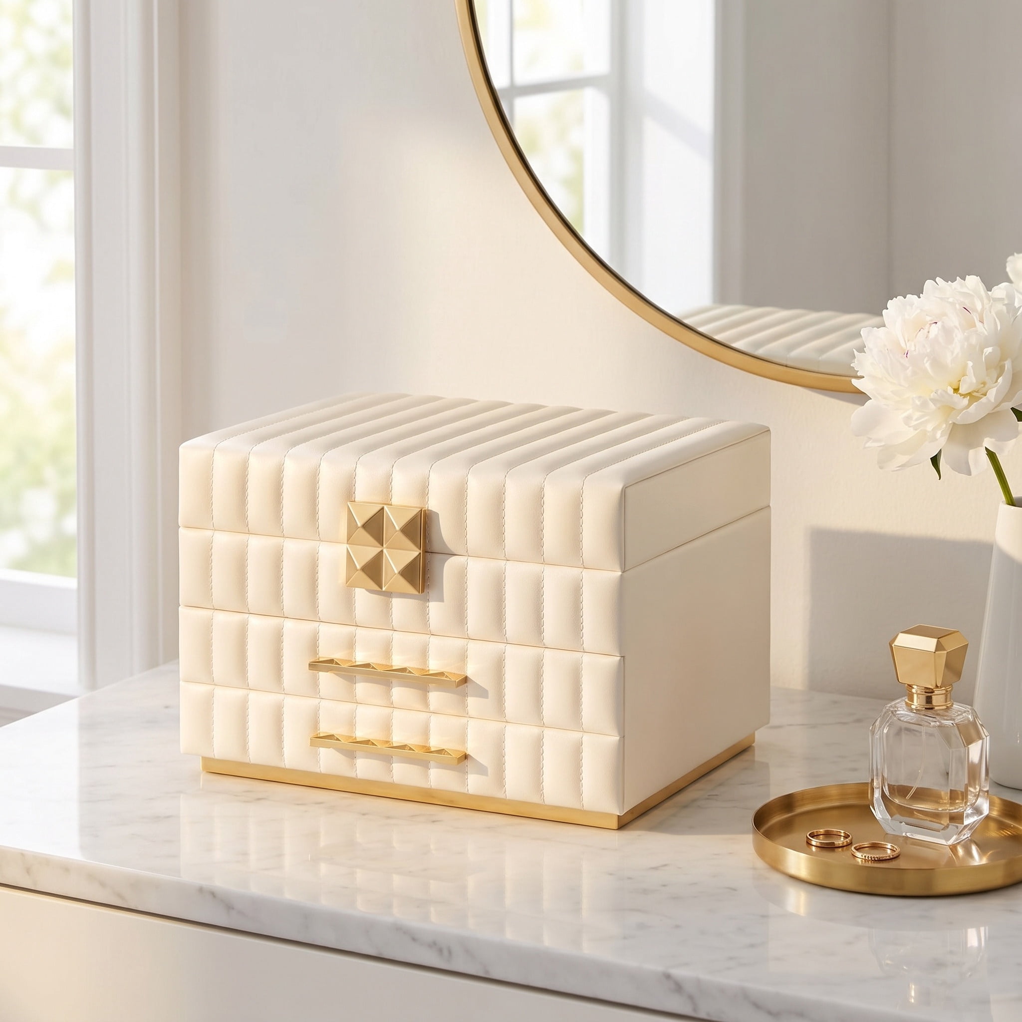 Nordic Hygge 3-Tier Jewelry Box with Mirror, Faux Leather Jewelry Organizer with 2 Drawers and Floating Effect Design, 8.5 x 9.4 x 6.2 Inches, Cloud White