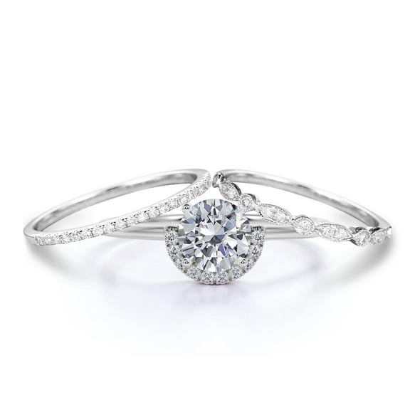 Fairy Minimalist 2.25 Carat Round Cut Diamond Moissanite Engagement Ring Wedding Ring, Two Matching Band in 925 Sterling Silver With Plain 18k White Gold Plating Shank Gift For Her, Promise Ring