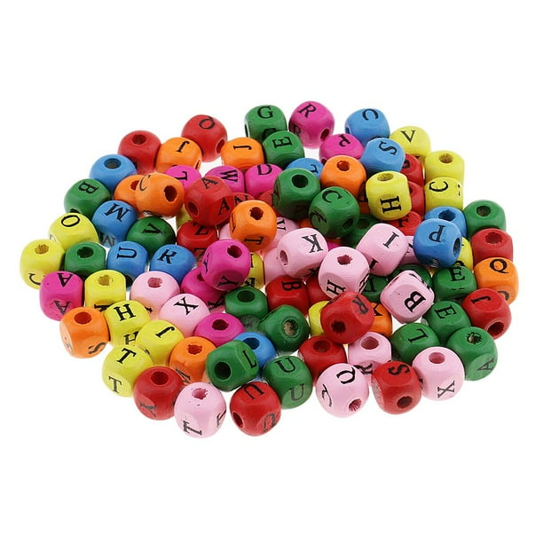 100 cuentas de madera con letras y alfabeto impreso, cubos de madera para manualidades de bricolaje, 10 mm Multicolor