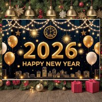 Gold Theme Happy New Year Banner Sparkling Design 2026 New Year Display Golden Balloons Firework Elements New Year Celebration Backdrop for New Year Party Holiday Celebration New Year Eve Event