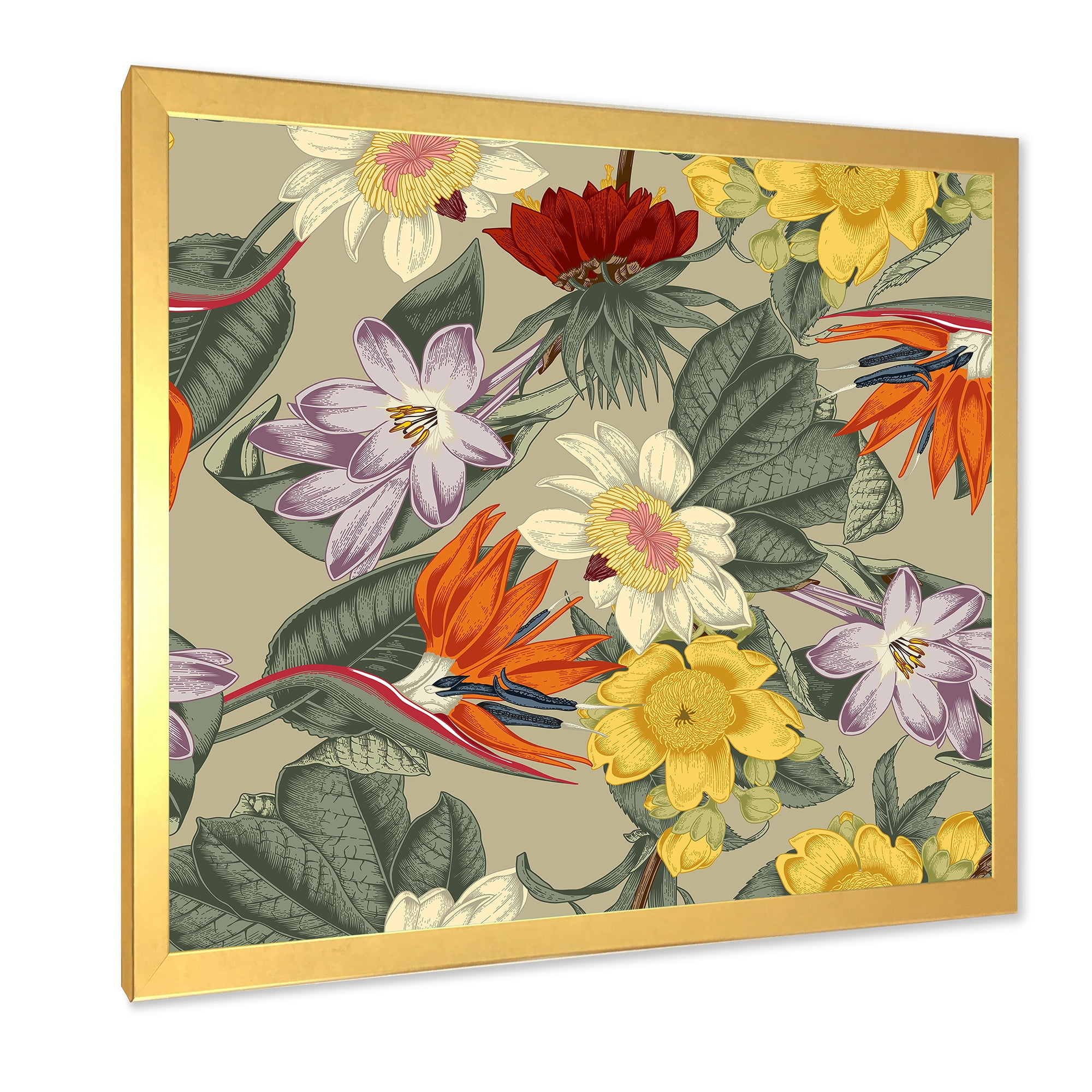 Designart 'Ancient Exotic Flowers In Orange and Yellow' Traditional Framed Art Print
