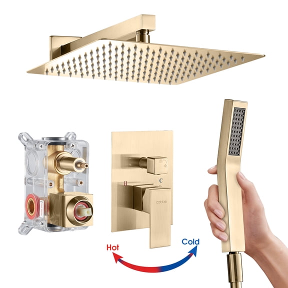 Cobbe Shower Set,10-inch Rainfall Shower Head with Handheld Sprayer,Shower system for Bathroom Rough-in Valve Body and Trim Included, Brushed Gold