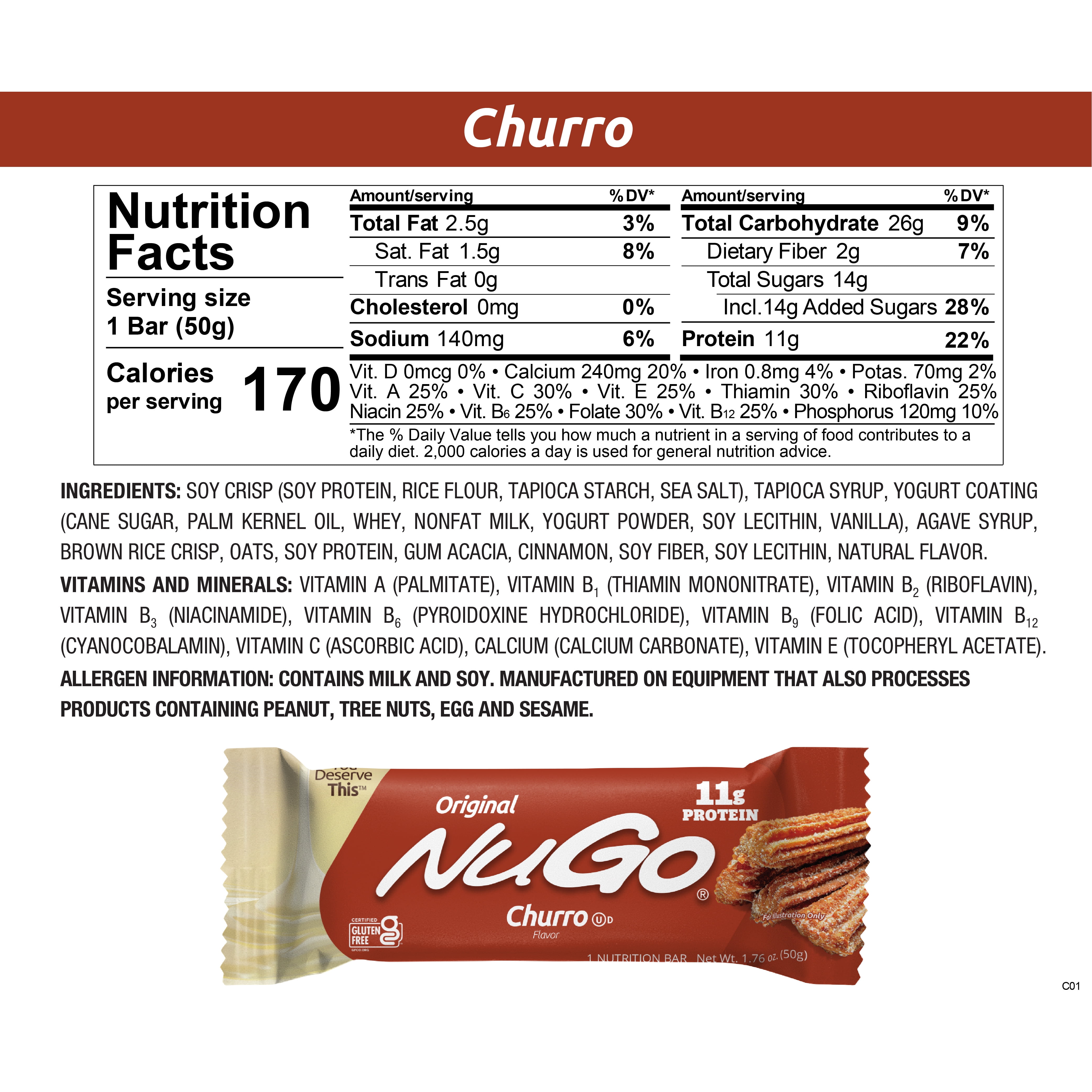 NuGo Original Protein Bar, Churro, 11g Protein, Gluten Free, 15 Count