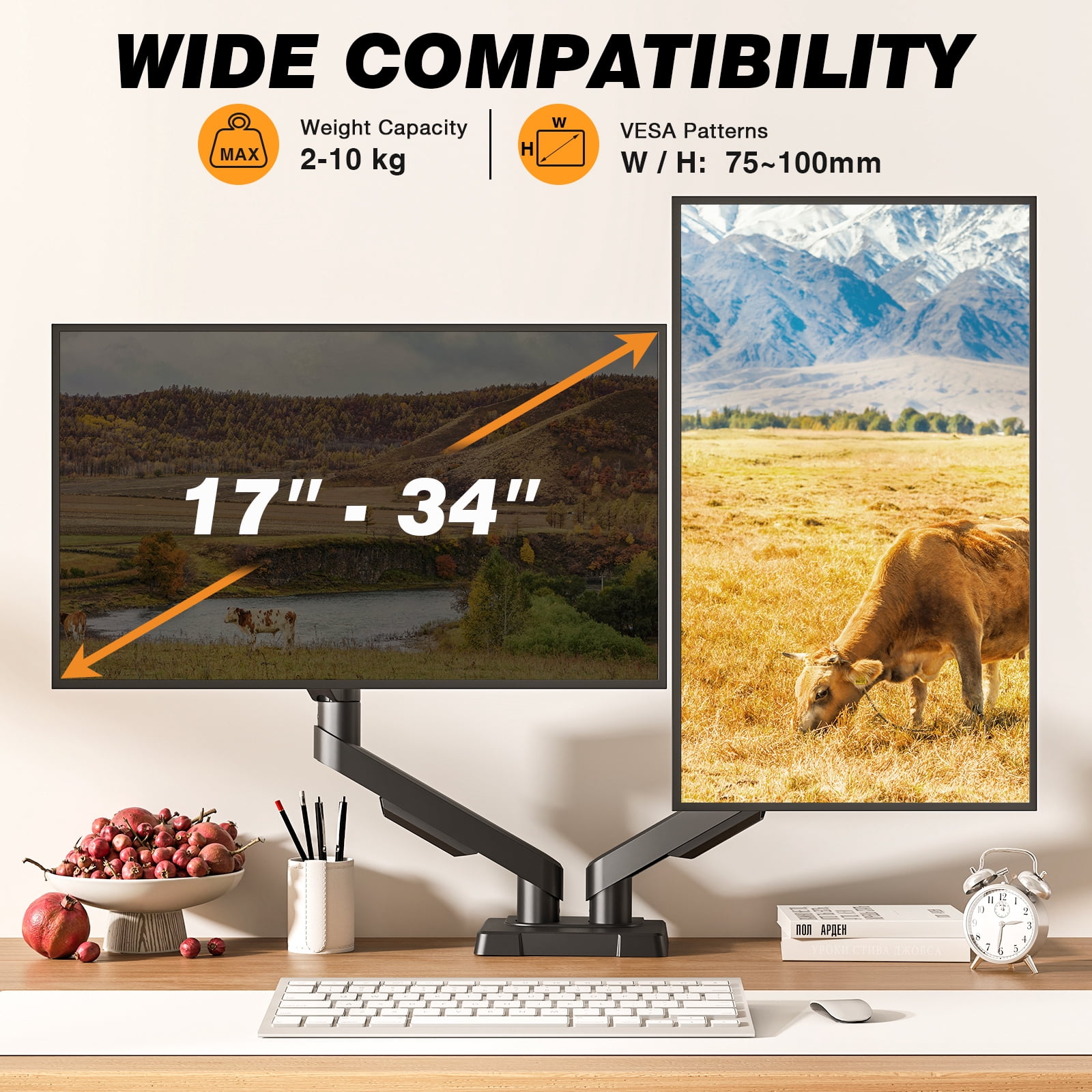 RTVR Dual Monitor Desk Mount Stand Fits Screens up to 34", 360° Heavy Duty Adjustable Arm Desk Mount with Tilt Swivel Rotation, Holds up to 22lbs