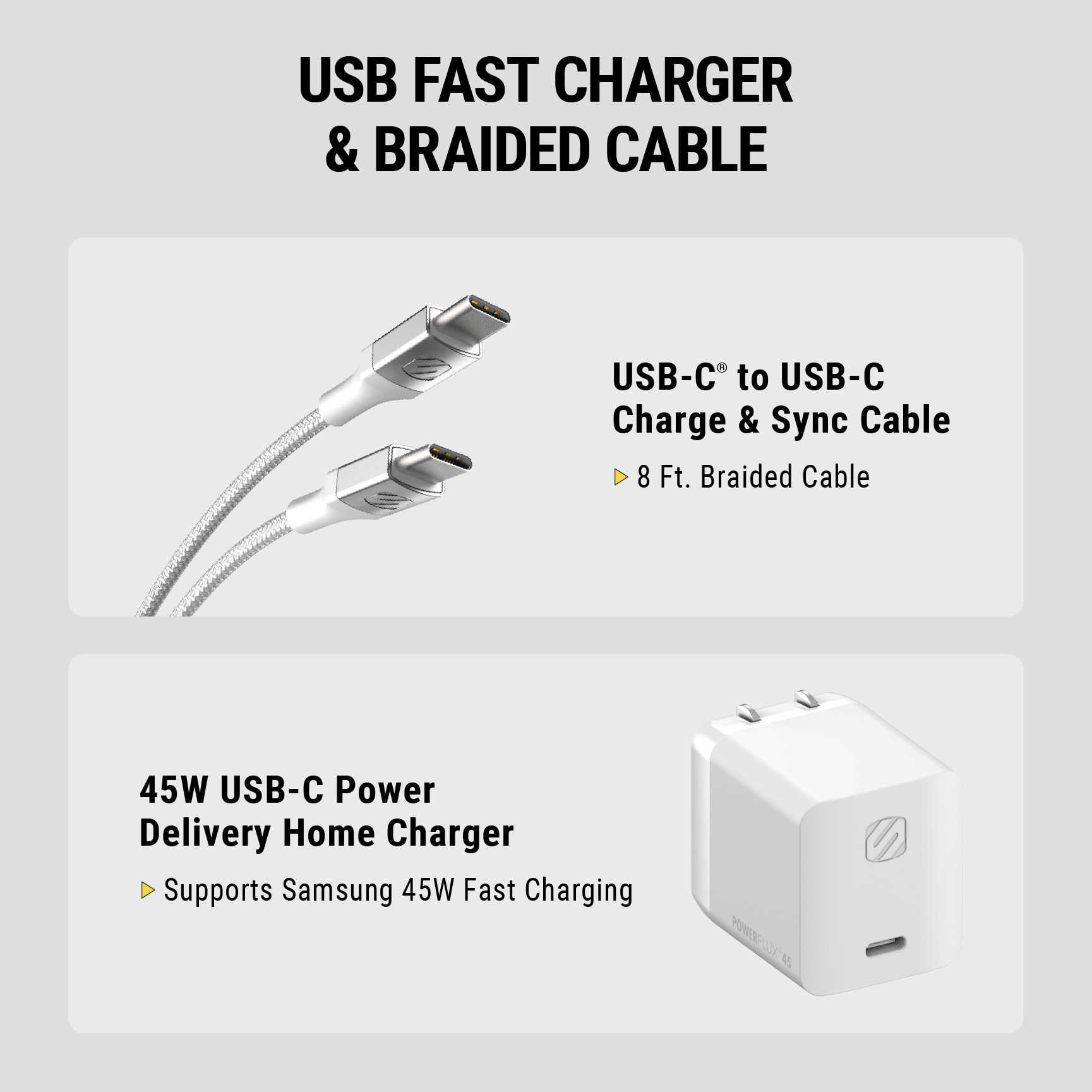 Scosche PowerFlux 45W Type-C Wall Block Charger W/ 8ft Braided USB-C Fast Charging Cable HPD45CCB8W