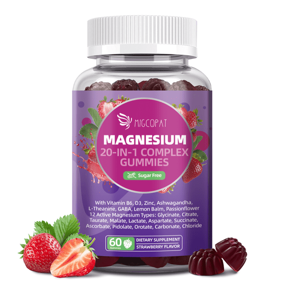 Migcopat 20-in-1 Magnesium Complex Gummies, Supports Relaxation, Sleep, Muscle & Heart Health, Strawberry, 60 Gummies