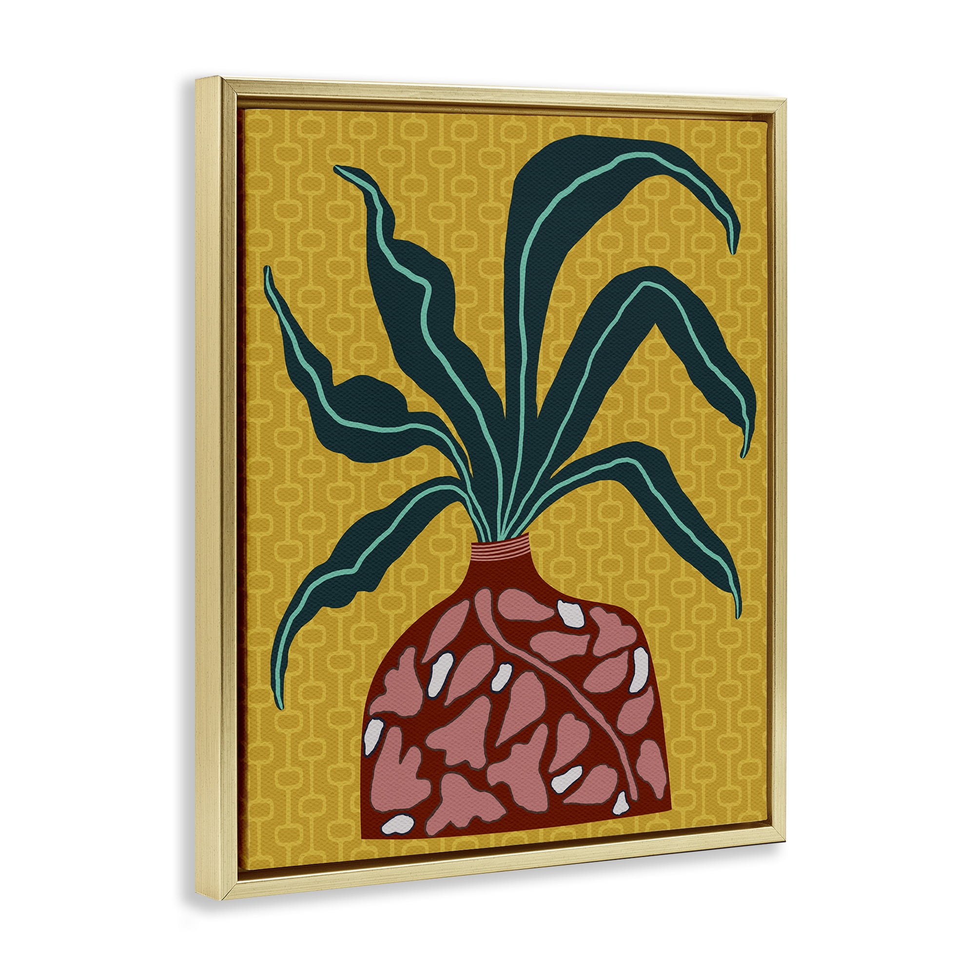 Stupell Industries Spider Plant on Yellow Plants & Flowers Painting Gold Floater Framed Canvas Art Print Wall Art, 25 x 31