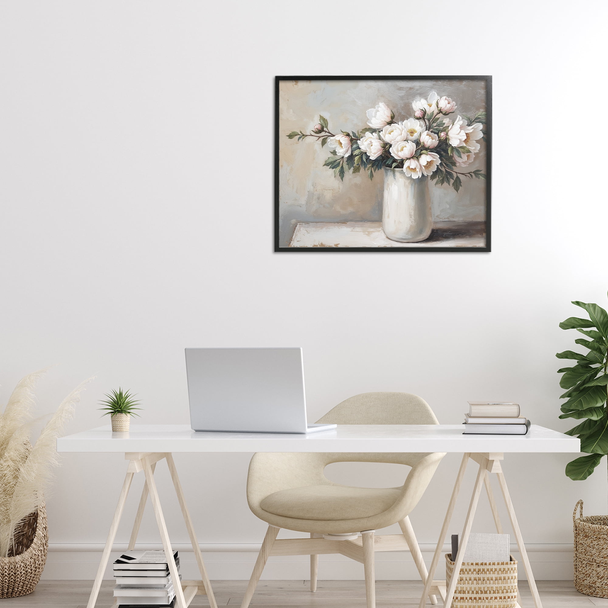 White Flowers in Vase Still Life Black Framed Giclee Art, design by Lettered and Lined