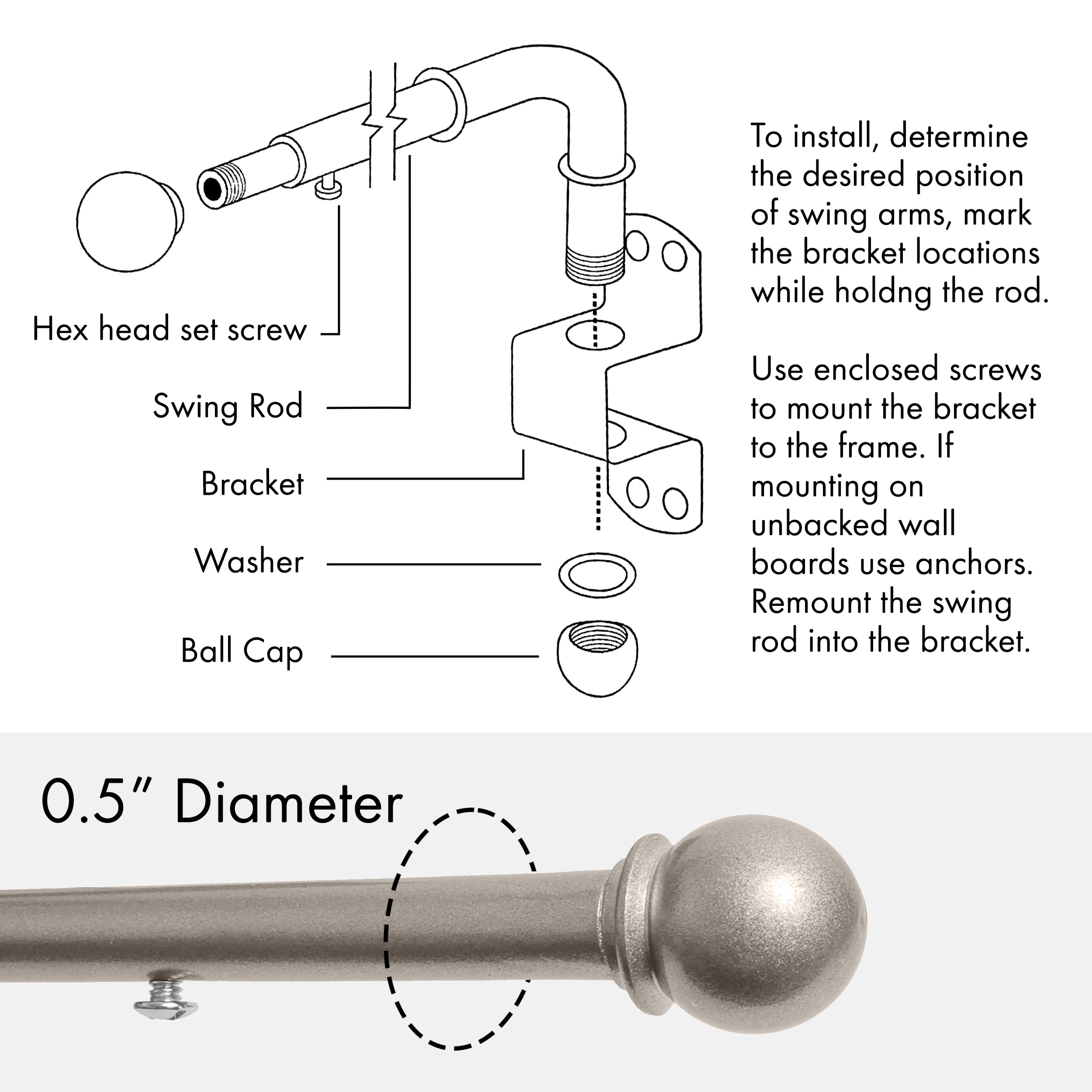 MERIVILLE 24"-38" Swing Arm Curtain Rod, 1/2" Diameter, Pewter, 2 Pieces
